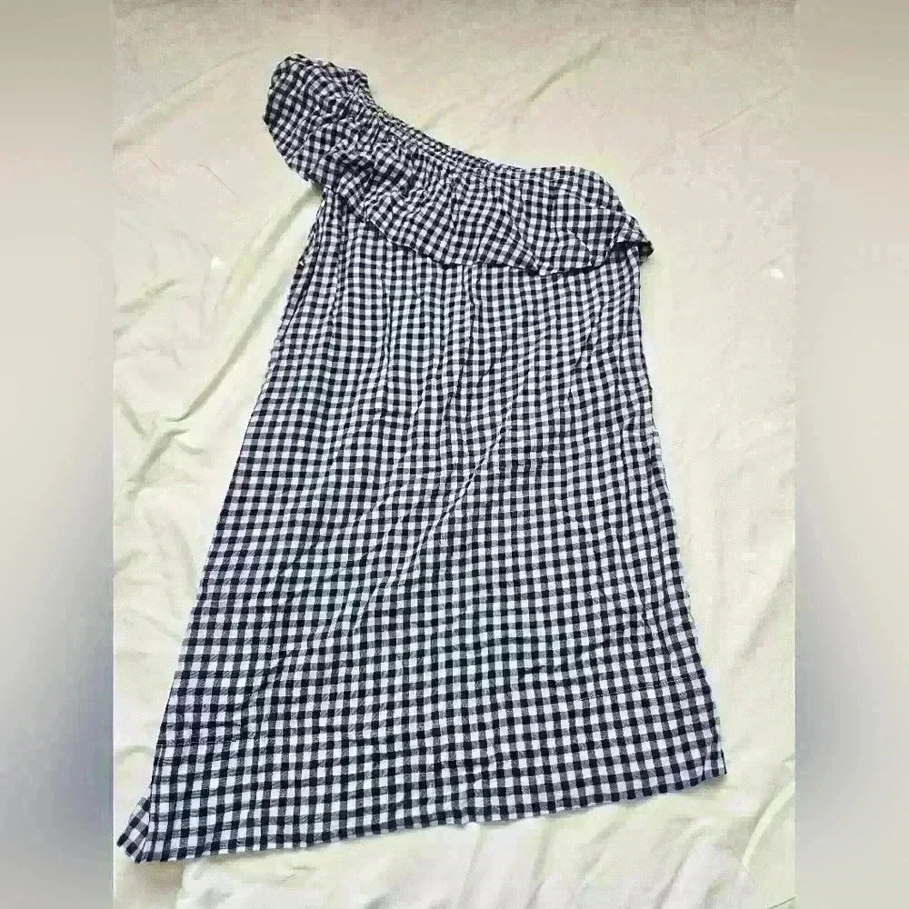 Velvet by Graham and Spencer Blue Gingham Plaid Ruffle One Shoulder - Picture 4 of 9